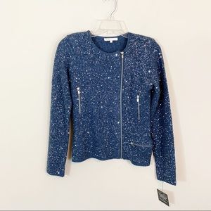 Maje • Blue Knit Asymmetrical Zip Sequin Jacket
